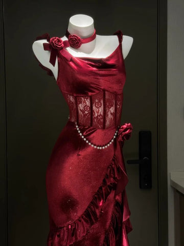 Sexy Burgundy Sheath Straps Layered Satin Prom Dress Party Dress with Slit HZ1023